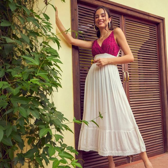 White Shiffli cotton contrast midi dress - Picture 2 of 5